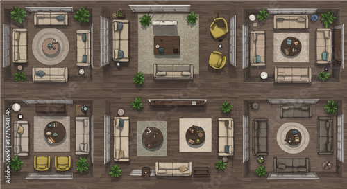 top view floor plan interior designs showcasing living room layouts comfortable sofa placement ideal for interior design magazine mockups warm lighting