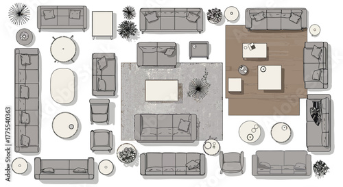 top view furniture arrangement a floor plan layout showcasing interior design elements ideal for architectural visualization  space planning projects.