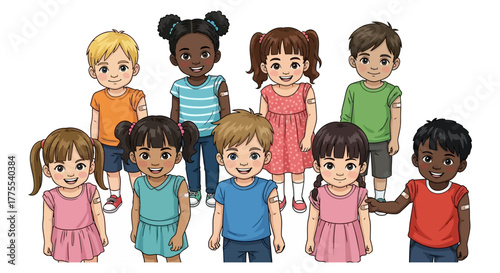 vaccinated children kids with bandages on arms smiling showing vaccinations for a health campaign emphasizing childrens health and immunization