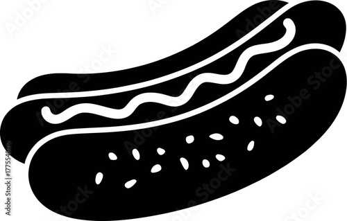 Black hotdog with wavy mustard sausage condiment