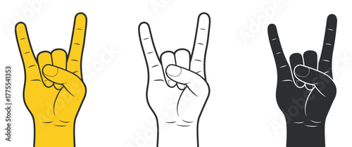 Set of three rock on hand gestures in yellow, outline, and silhouette styles. B.eps vector illustration collection of the classic horns up symbol for music festivals and concerts