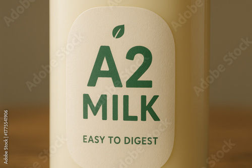 A2 milk alternative dairy product bottle label highlighting milk intolerance friendly option easy to digest with natural simple design