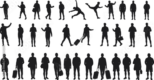 People Human Silhouette Standing Walking Running Jumping Dancing Sitting Talking Bag Suitcase Gesture Lifestyle Casual Travel Pose Vector Outline Drawing Illustration Art
