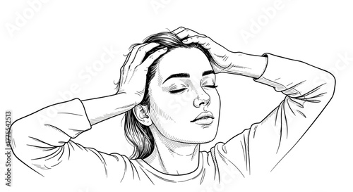 Woman massaging scalp with closed eyes in line art style