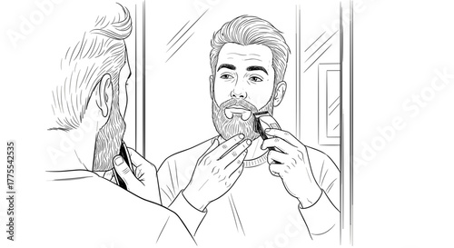Man grooming beard with trimmer in front of mirror in line art