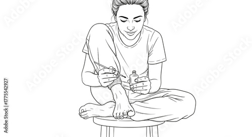 Woman painting toenails while sitting on stool in line art style