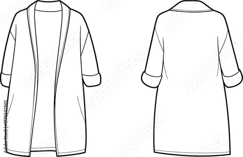 Open front cardigan, shawl collar, long sleeves, turned-up cuffs, relaxed fit, mid-thigh length, fashion sketch, technical drawing, garment design, vector art, black, white, stylish, modern, minimal, 