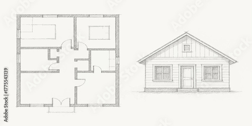 Conceptual architectural blueprint and sketch of a house plan illustrating the design and construction project structure