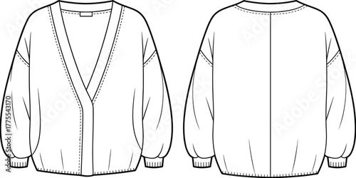 V-neck cardigan, dropped shoulders, puff sleeves, gathered cuffs, straight hemline, fashion sketch, technical drawing, garment design, vector art, black, white, stylish, modern, cozy, minimal, front v