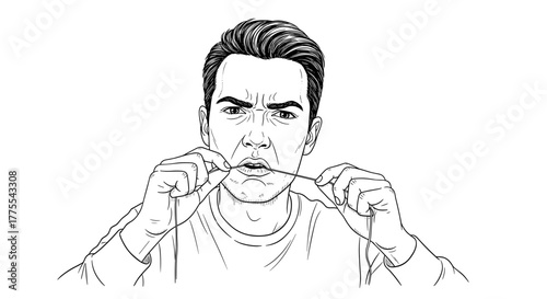 Man cleaning teeth with dental floss in line art black and white