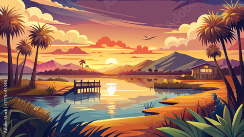 Very beautiful scenic sunset over a tranquil lake in Charleston, South Carolina, featuring warm golden reflections, calm waters, lush greenery, and a peaceful Southern atmosphere.