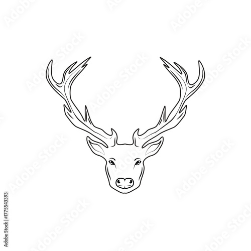Minimalist black outline drawing of a majestic stag or deer head with large, symmetrical antlers. Ideal for simple logo design, hunting emblem, or stylish tattoo art
