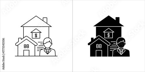 Real estate transaction icon with houses and person, black and white outline and filled versions