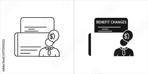 Icons showing benefit changes and financial consultation with person and dollar sign symbols, outline and solid