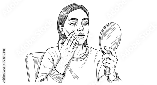 Woman checking skin in hand mirror in line art black and white