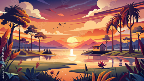 Very beautiful scenic sunset over a tranquil lake in Charleston, South Carolina, featuring warm golden reflections, calm waters, lush greenery, and a peaceful Southern atmosphere.