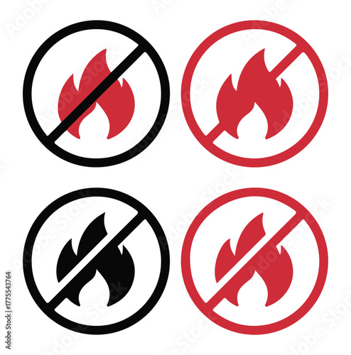 No Fire or Open Flame Warning Sign Icon Set Vector Illustration