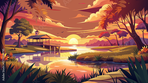 Very beautiful scenic sunset over a tranquil lake in Charleston, South Carolina, featuring warm golden reflections, calm waters, lush greenery, and a peaceful Southern atmosphere.