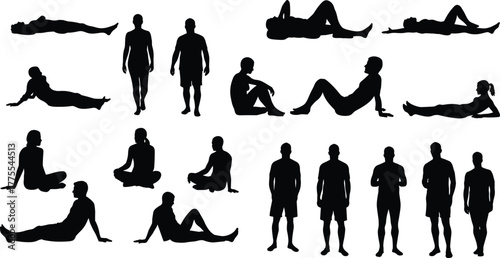 People Human Silhouette Lying Sitting Standing Relax Gesture Posture Lifestyle Casual Rest Pose Conversation Body Language Vector Outline Drawing Illustration Art Design