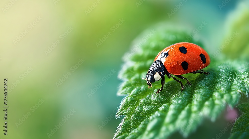 Naklejka premium Macro Ladybug on Textured Green Leaf with Soft Bokeh