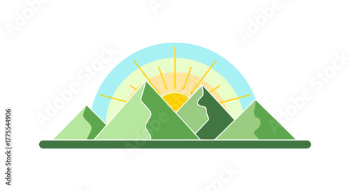 Minimalist mountain range with rising sun illustration conveying tranquility and natural beauty