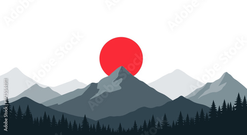 Serenity in the Mountainous Landscape Silhouette Under the Red Sun Horizon Graphic