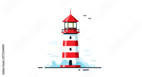 Cartoonish red and white lighthouse illustration in a simple design with birds flying