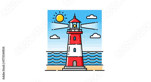 Cartoon lighthouse against bright blue sky with sun over wavy sea on a beach scenic