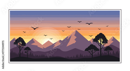 Captivating mountain landscape illustration with silhouetted trees and birds in flight at dusk