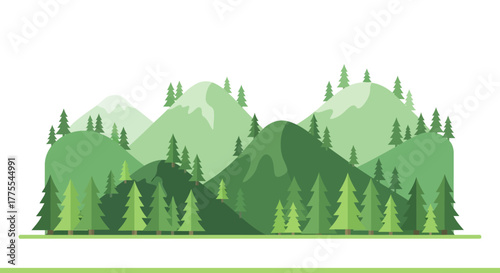 Serene forested mountain range illustration in muted greens for landscape design project