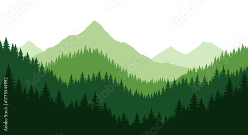 Serene green landscape illustration featuring layers of forested hills and mountain ranges