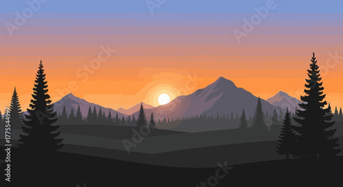 Serene Mountain Landscape at Sunset: A Tranquil Vector Illustration Design