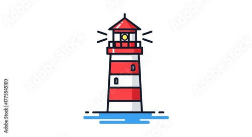 Stylized lighthouse illustration emitting light waves over calm waters against a white space