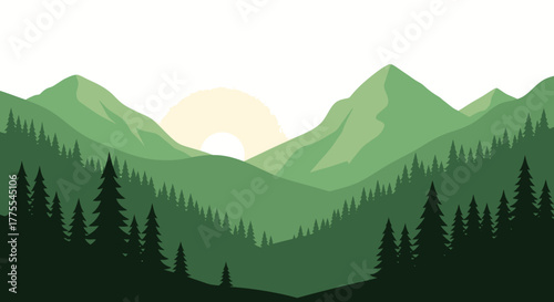 Scenic mountain range illustration with stylized trees and a subtle sunrise backdrop