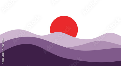 Abstract depiction of a red sun rising over stylized purple undulating hills