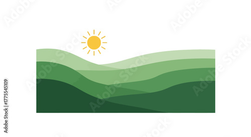 Serene rolling green hills under sunlight, simple vector illustration design, nature landscape
