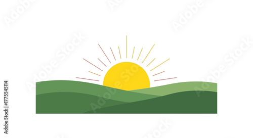 Sunrise over rolling hills, minimalist design with radiating light and fresh colors