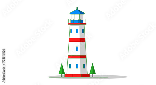 Stylized lighthouse illustration with trees, red accents, set against a white backdrop offers a