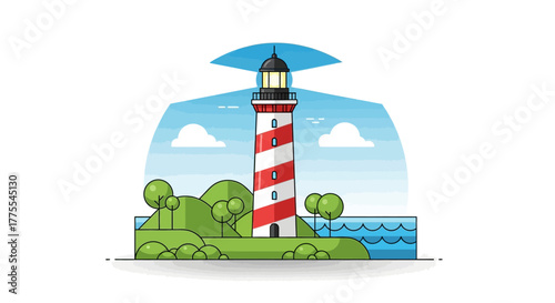 Striking lighthouse vector illustration on a serene island, minimalist artistic creation