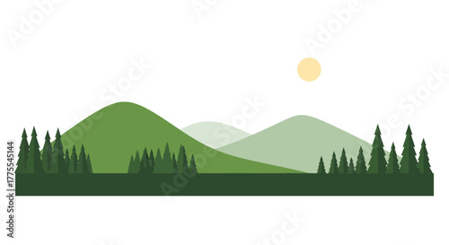 Serene mountain landscape illustration with lush forest and the warm sun shining above in the