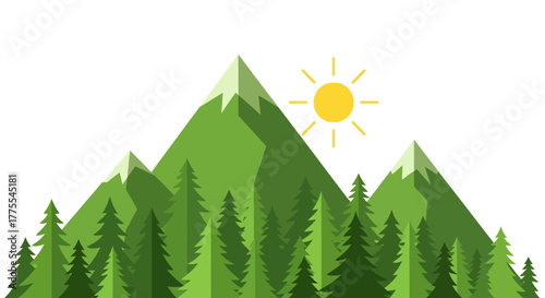 Serene mountain landscape with evergreen forest under a bright sunny sky vector illustration