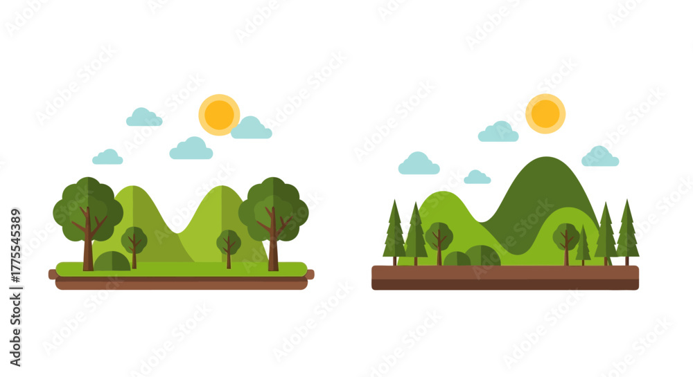 Obraz premium Vibrant nature landscapes, cartoonish style with mountains, sun and clouds set in a simple design