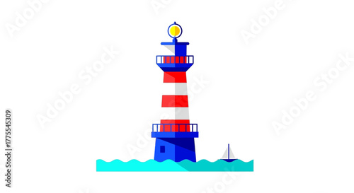 Nautical sentinel a stylized vector lighthouse illustration on the serene ocean with a sailboat