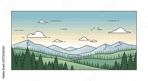 Serene vista of rolling hills and mountains beneath a dreamy pastel sky panorama