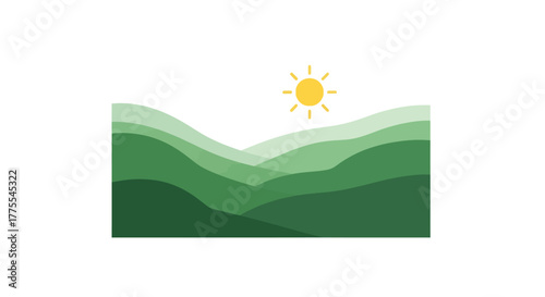 Green layered hills landscape illustration with a radiant sun in a minimalist composition