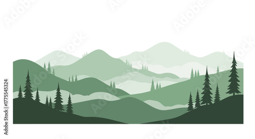 Serene Green Vista: A Vector Illustration of a Mountainous Landscape with Coniferous Trees