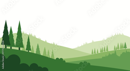 Stylized minimalist verdant landscape illustration featuring rolling hills and coniferous trees