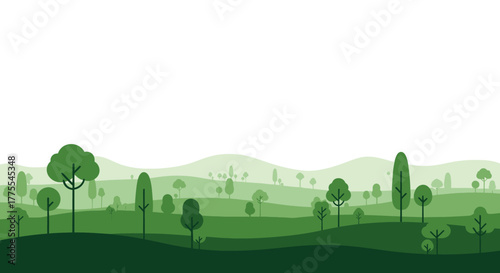 Serene green landscape illustration with rolling hills and stylized trees providing a calm and