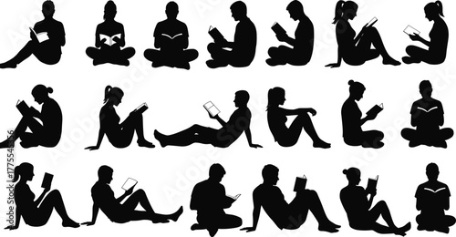 People Human Silhouette Reading Book Sitting Reclining Crosslegged Chair Floor Relax Study Education Learning Student Teacher Library Knowledge Leisure Posture Vector Outline