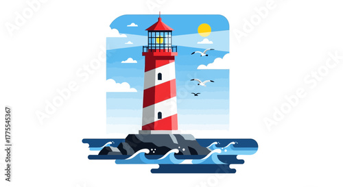Iconic lighthouse on a rocky islet, against a backdrop of azure skies and calm seas, a timeless